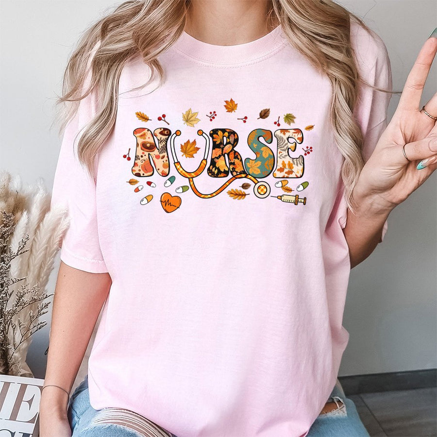 Nurse T-Shirt | Autumn Fall Leaves Stethoscope Graphic | 100% Soft Cotton Tee | Premium Nursing School Gift For Men And Women