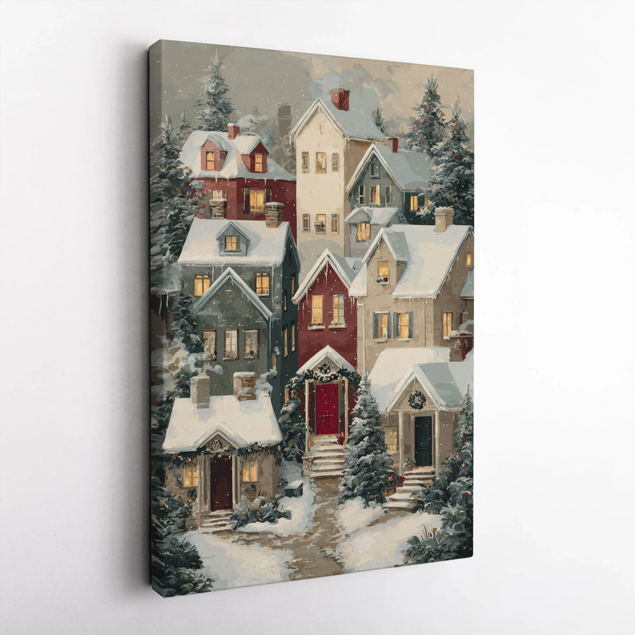 Snowy Christmas Village Canvas | Winter Pine Trees Holiday Landscape | Premium Gallery Wrapped Wall Art | Festive Home Decor Gift