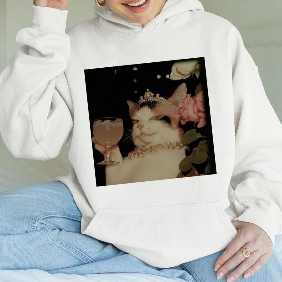 Funny Fancy Cat Hoodie | Elegant Queen Kitty Drinking Cocktail Graphic | Premium Cotton Blend | Quirky Animal Lover Gift For Her
