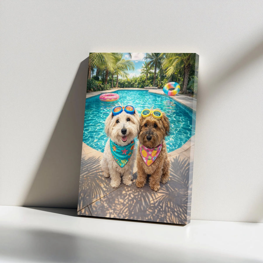 Dogs by Pool Canvas Art | Funny Puppies Wearing Sunglasses | Premium Gallery Wrapped Canvas | Humorous Wall Decor Gift for Dog Lover