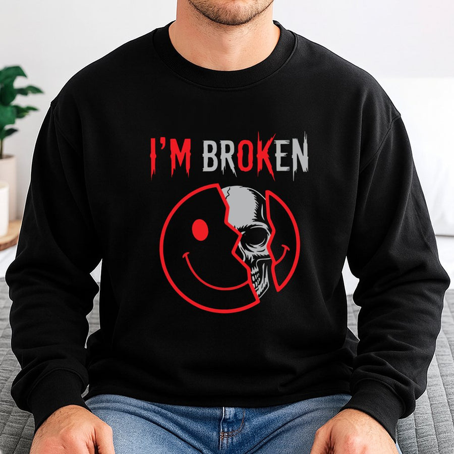 I'm Broken Skull Smiley Face Sweatshirt | Emo Aesthetic Graphic Pullover | Cotton Blend Streetwear | Edgy Alternative Fashion Gift for Adults