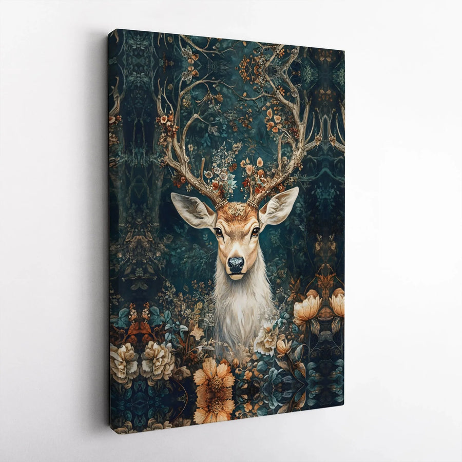 Majestic Deer Canvas Wall Art | Enchanted Forest Floral Antler Print | Premium Gallery Wrap 1.25 Inch | Whimsical Nature Home Decor Gift
