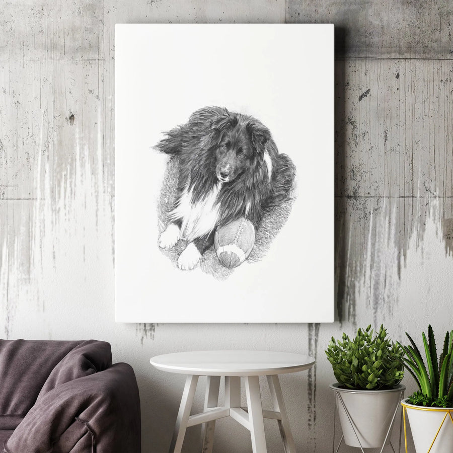 Shetland Sheepdog Wall Art | Pencil Sketch Dog Portrait with Football | Gallery Quality Canvas Print | Gift for Sheltie Lovers and Football Fans