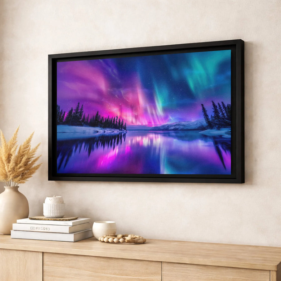 Aurora Borealis Canvas Wall Art | Vibrant Northern Lights Mountain Lake Landscape | Premium Gallery-Wrapped Decor | Nature Lover Gift