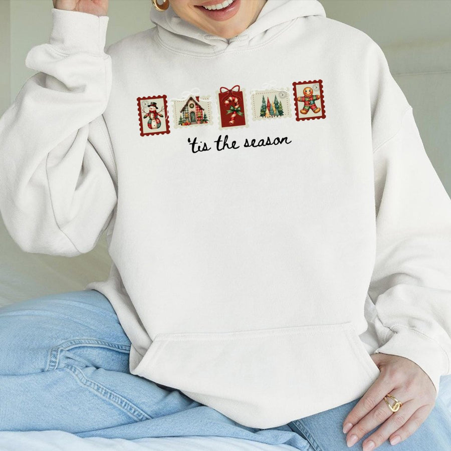 Retro Christmas Stamp Hoodie | Vintage Holiday Postage Stamp Design | Soft Cotton Blend Premium Sweatshirt | Cozy 'Tis The Season Gift For Her