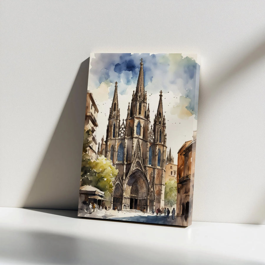 Barcelona Cathedral Canvas Print | Watercolor Gothic Architecture Wall Art | Premium 1.25" Gallery Wrap | Travel Gift for Home Decor