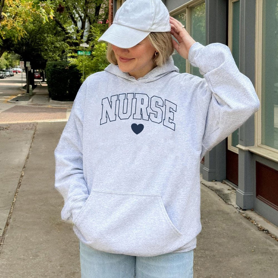 Nurse Hoodie | Varsity College Letter Design with Heart | Cotton-Poly Blend Premium Sweatshirt | Gift for Nursing Student or RN