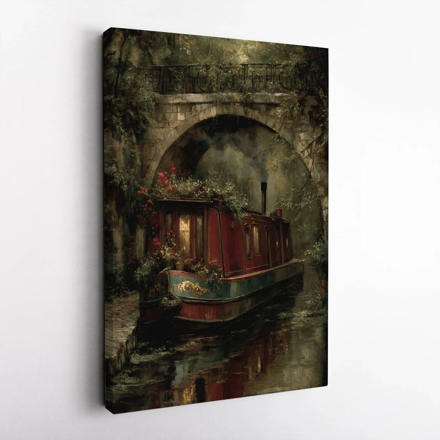 Canal Boat Painting | Enchanting Bridge & Floral Landscape Art | Gallery-Quality 1.25" Thick Canvas | Romantic Home Decor Gift