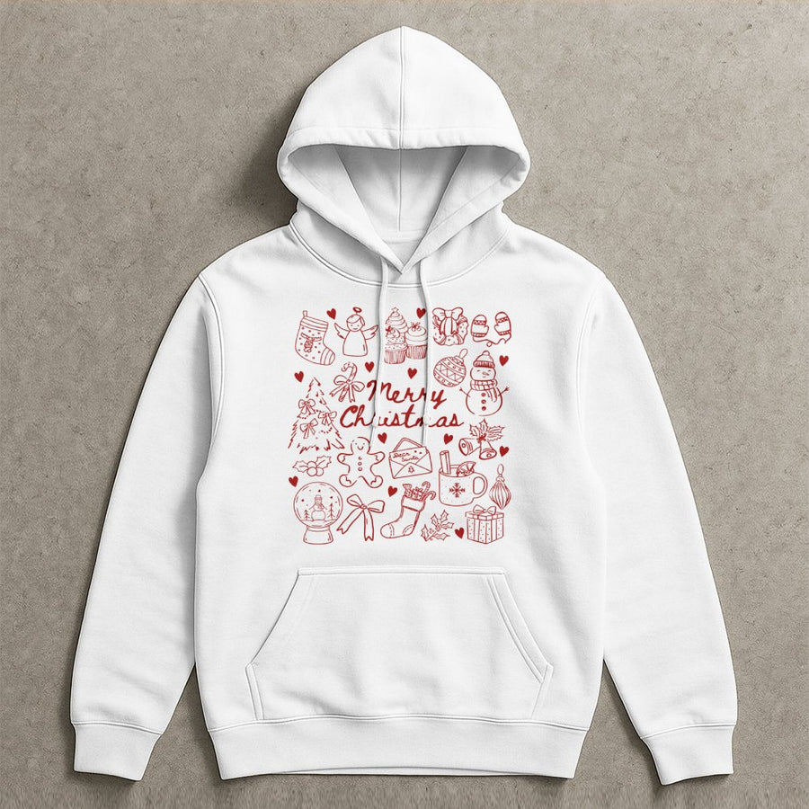 Merry Christmas Doodle Hoodie | Festive Holiday Icons Graphic Print | Soft Cotton-Blend Comfort | Unisex Winter Gift for Holiday Season