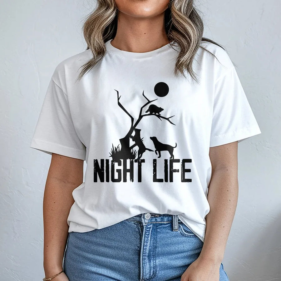 Coon Hunting T-Shirt | Night Life Raccoon Hunter Graphic | Premium 100% Cotton Tee | Gift for Outdoorsman Hunter