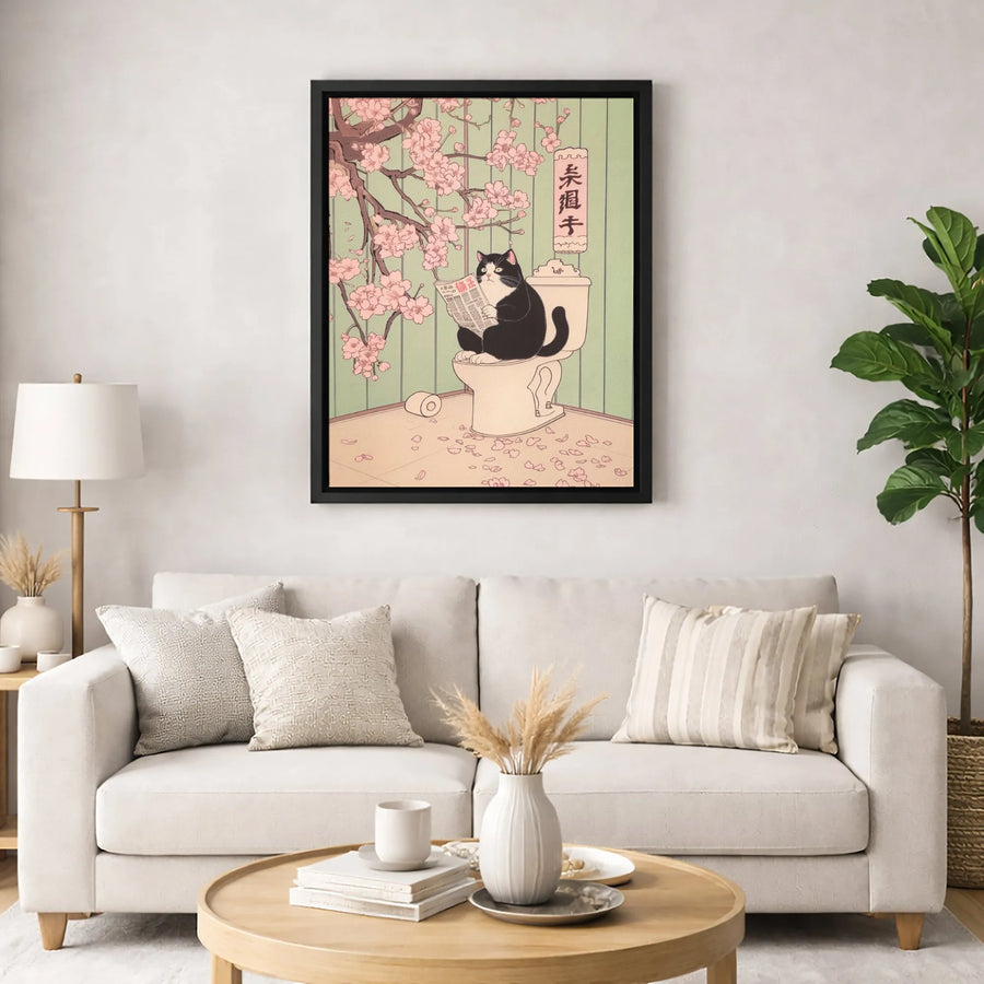 Japanese Cat Art Canvas | Funny Black Cat Reading Newspaper on Toilet | Gallery Quality Ukiyo-e Style Wall Decor | Unique Bathroom Art Gift