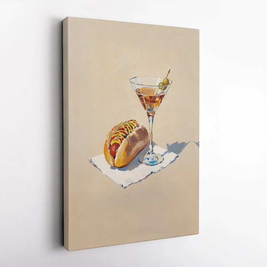Hot Dog and Martini Still Life Canvas Art | Modern Kitchen Wall Decor | Premium Fade-Resistant Print | Quirky Food & Drink Dining Room Gift