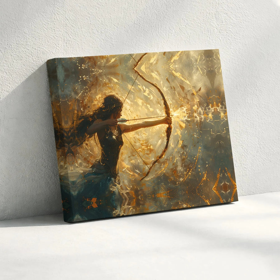 Female Archer Wall Art | Golden Fantasy Warrior Canvas Print | Premium Fade-Resistant Decor | Gift For Her Fantasy Lover