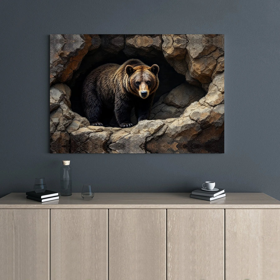 Grizzly Bear Wall Art | Majestic Forest Animal in Rocky Cave | Premium Gallery Wrap Canvas | Rustic Wildlife Home Decor Gift