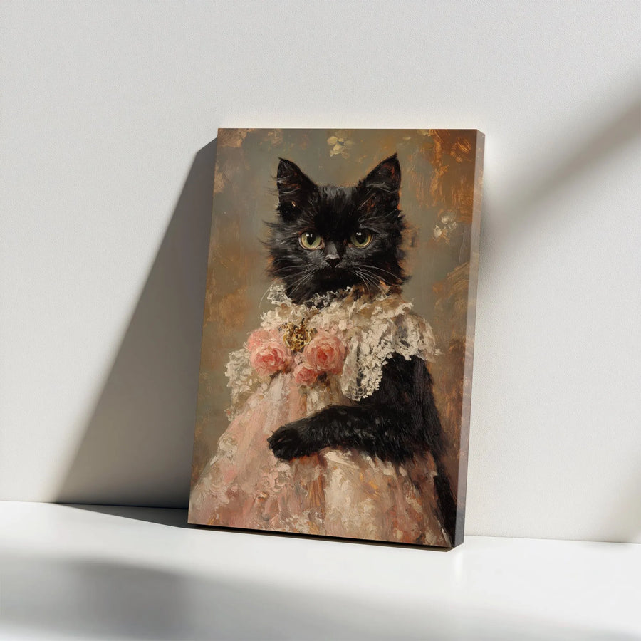 Black Cat Portrait Canvas Art | Victorian Style Pet Painting | Premium Gallery Wrapped Decor | Unique Gift for Cat Lovers
