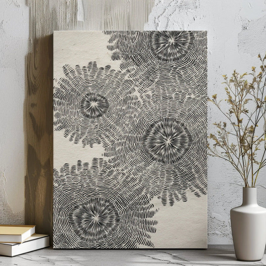 Abstract Geometric Canvas Wall Art | Monochrome Starburst Floral Pattern | Premium Gallery Wrap Print | Modern Minimalist Home Office Decor