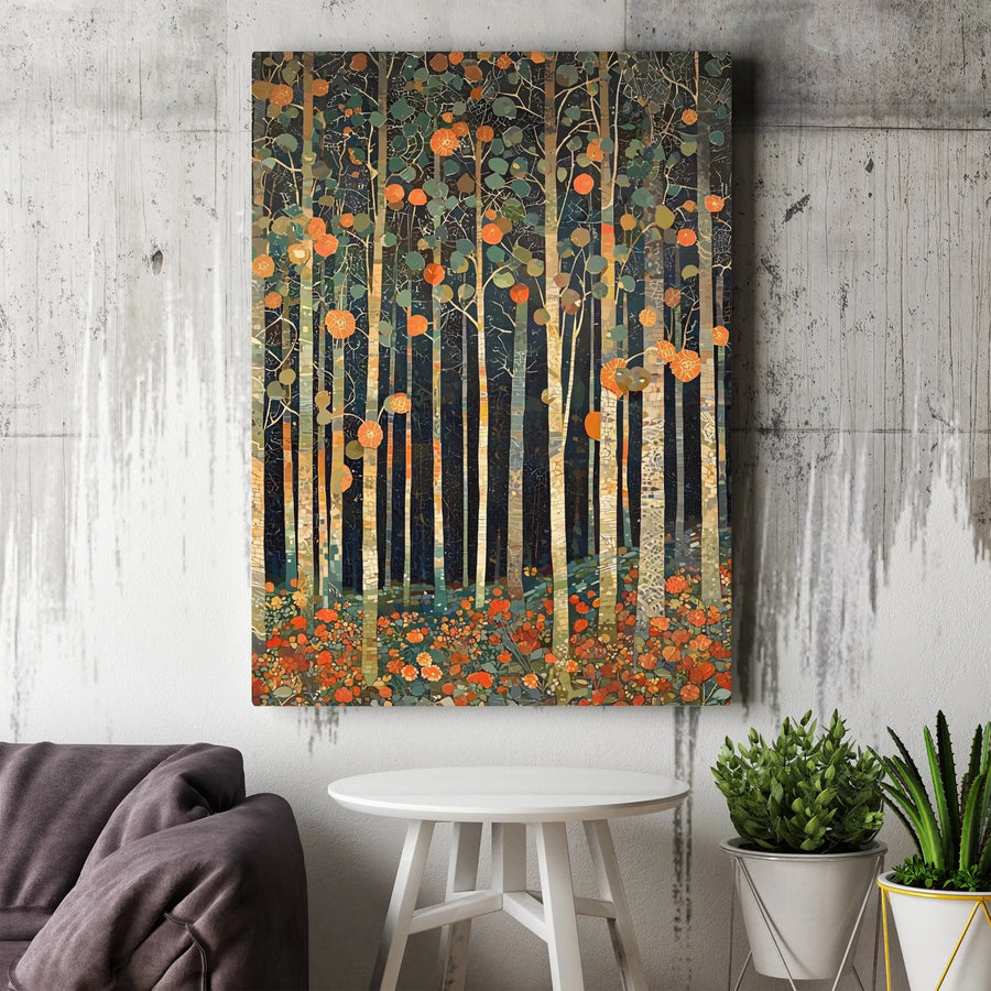 Abstract Forest Canvas Wall Art | Mosaic Woodland Landscape with Orange Flowers | Premium Fade-Resistant Gallery Wrap | Modern Home Office Decor