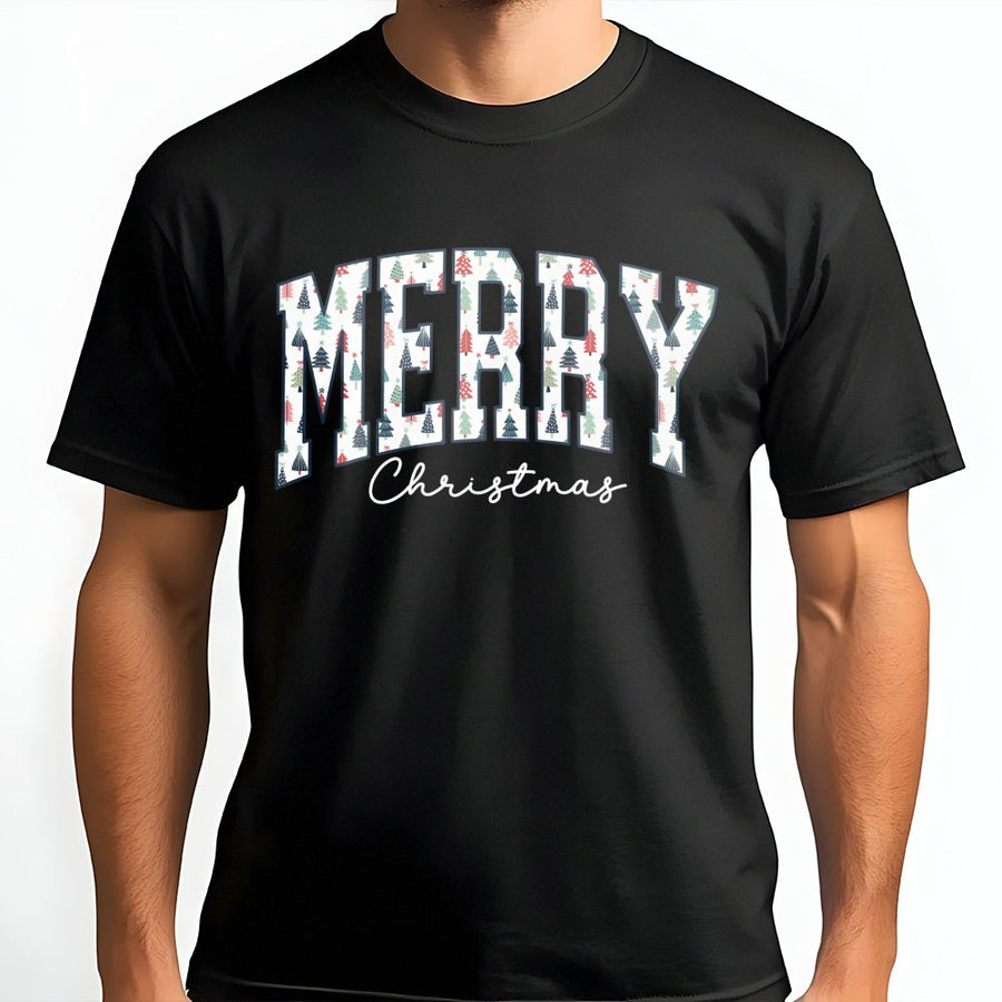 Merry Christmas T-Shirt | Varsity Letter Graphic Tree Pattern | Soft 100% Cotton | Festive Holiday Apparel Gift for Women and Men