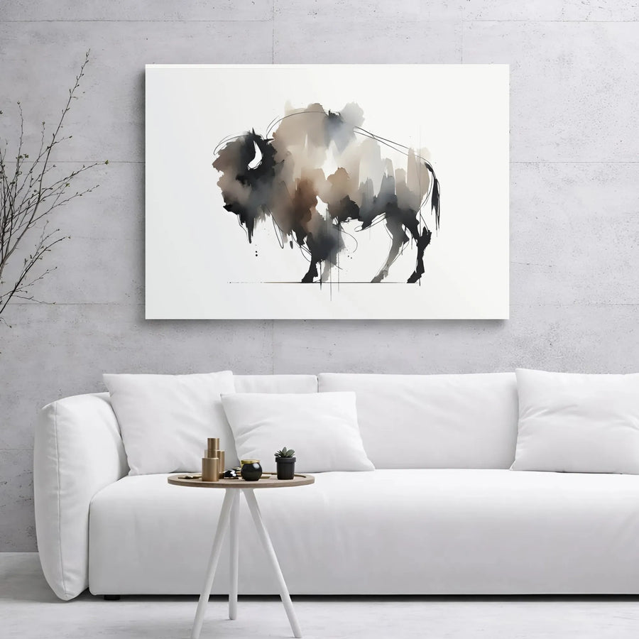 Abstract Bison Canvas Wall Art | Minimalist Watercolor Ink Print | Premium 1.25-Inch Gallery Wrap | Wildlife Home Office Decor Gift