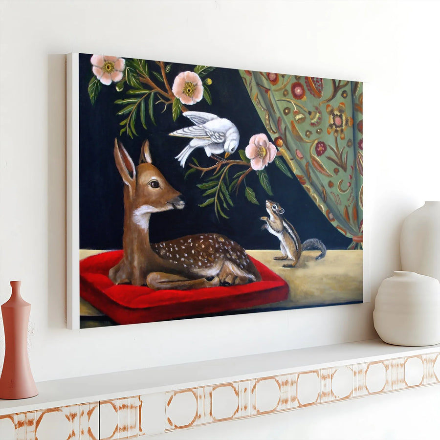 Vintage Woodland Animals Canvas | Folk Art Fawn, Dove & Chipmunk Print | Premium Gallery Wrap Wall Art | Nursery Room Decor Gift for Nature Lover