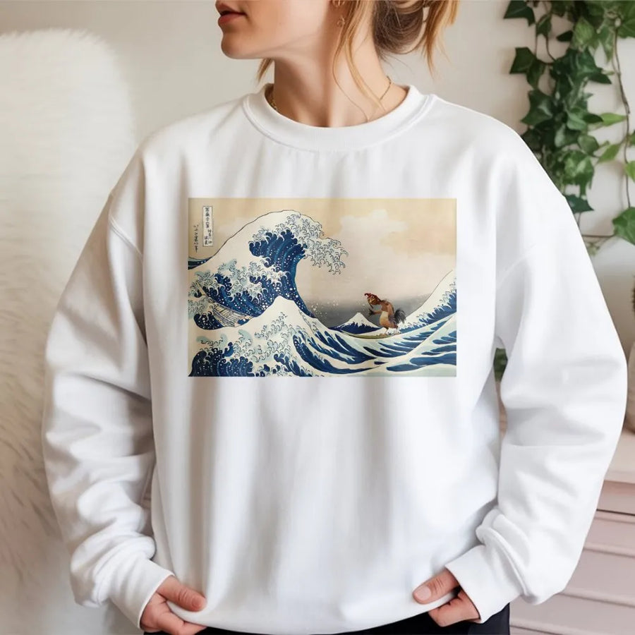 Surfing Chicken Sweatshirt | Great Wave Off Kanagawa Parody | Cotton Blend Cozy Crewneck | Funny Animal Surf Gift for Surfers and Art Lovers