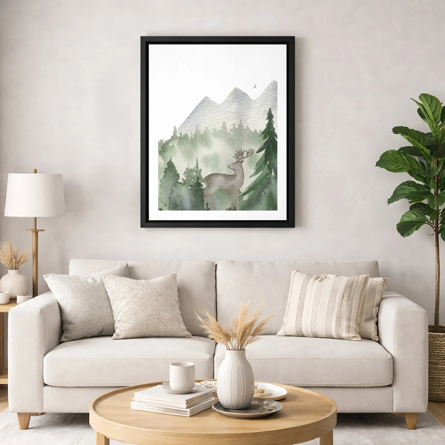 Watercolor Deer Canvas Wall Art | Misty Mountain Pine Forest Landscape | Premium Gallery-Wrapped Print | Nature Lover Gift Home Decor
