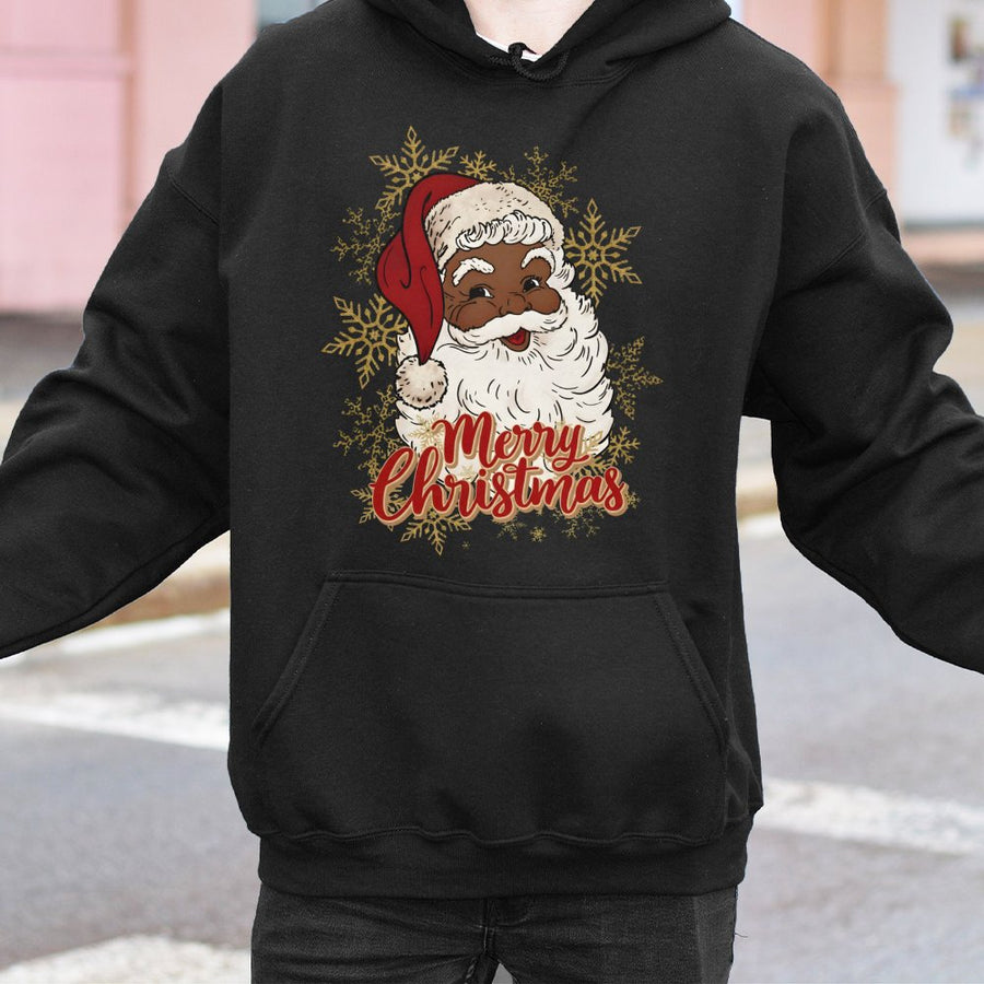 Black Santa Hoodie | African American Santa Claus Graphic | Premium Cotton Blend | Merry Christmas Holiday Gift for Him and Her