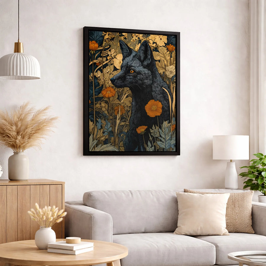 Black Fox Canvas Wall Art | Botanical Floral Forest Aesthetic | Premium 1.25 Inch Gallery Wrap | Wildlife Nature Home Decor Gift
