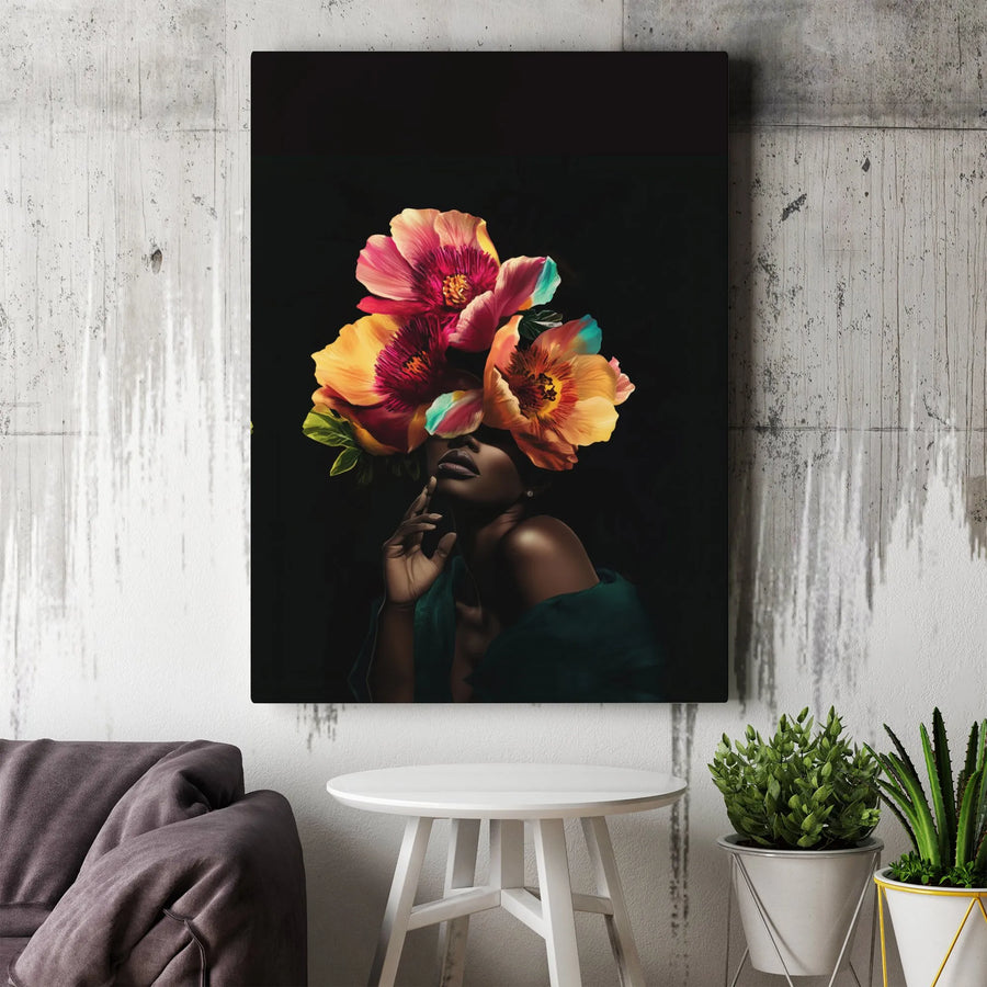 Black Woman Canvas Art | Vibrant Floral Headdress Portrait | Premium 1.25 Inch Gallery Wrap | Modern Home Decor Gift