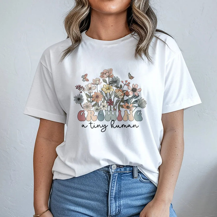 Growing A Tiny Human T-Shirt | Retro Wildflower Pregnancy Announcement | Cozy Cotton Blend | Premium Mom To Be Gift