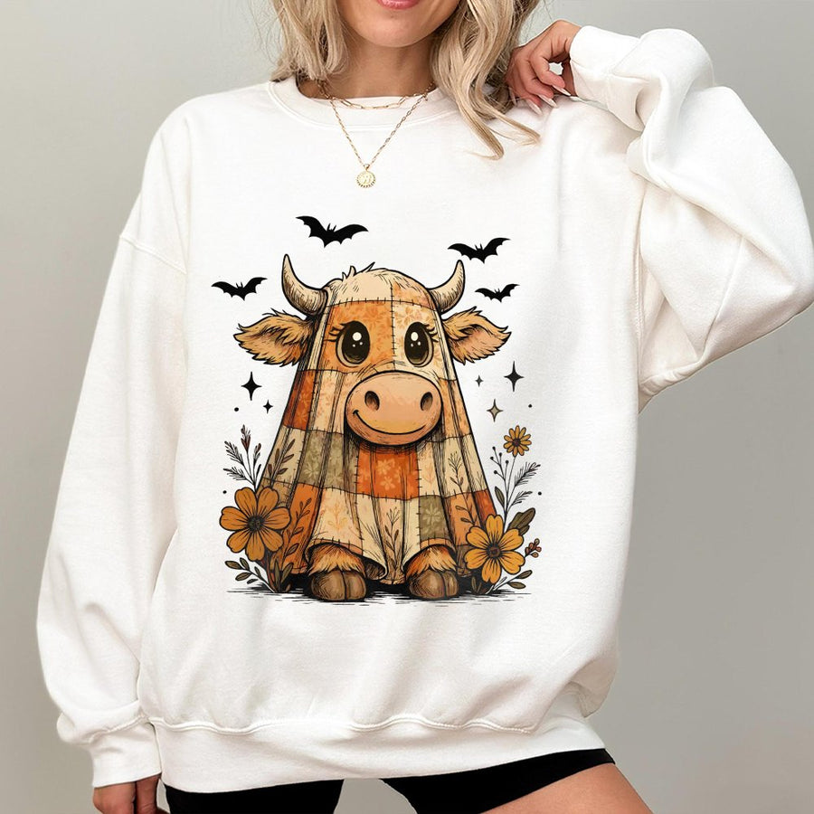 Highland Cow Ghost Sweatshirt | Cute Fall Patchwork Halloween Print | Premium Cotton Blend Crewneck | Spooky Season Gift For Her