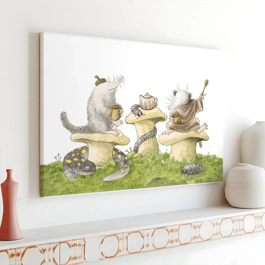 Whimsical Shrew Tea Party Canvas | Storybook Woodland Animals Art | Premium Fade-Resistant Print | Nursery Decor Gift for Kids Room