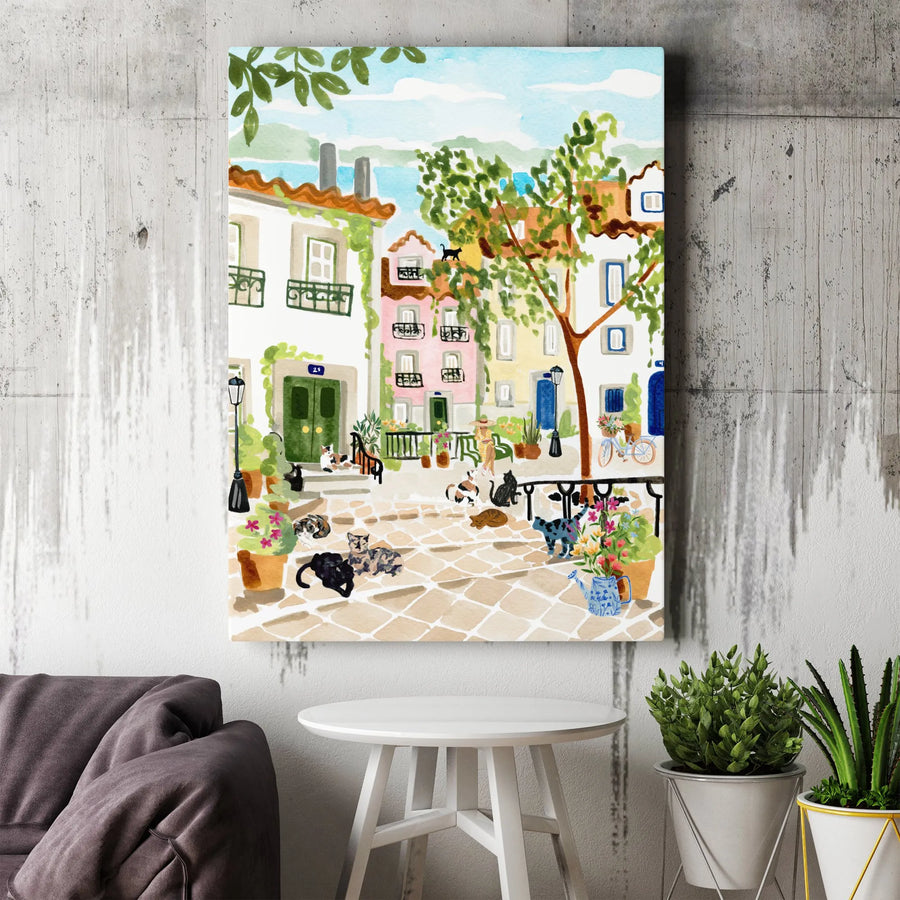 Lisbon Portugal Canvas Wall Art | Watercolor Street Scene with Cats | Premium Fade-Resistant Print | European Travel Souvenir Gift for Cat Lovers