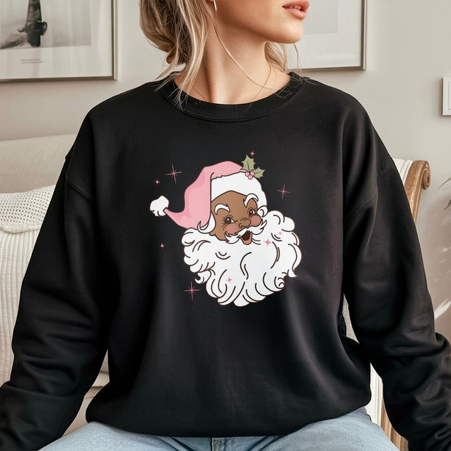 Black Santa Sweatshirt | Retro Pink Hat Christmas Graphic | Unisex Premium Cotton Blend | Holiday Melanin Representation Gift