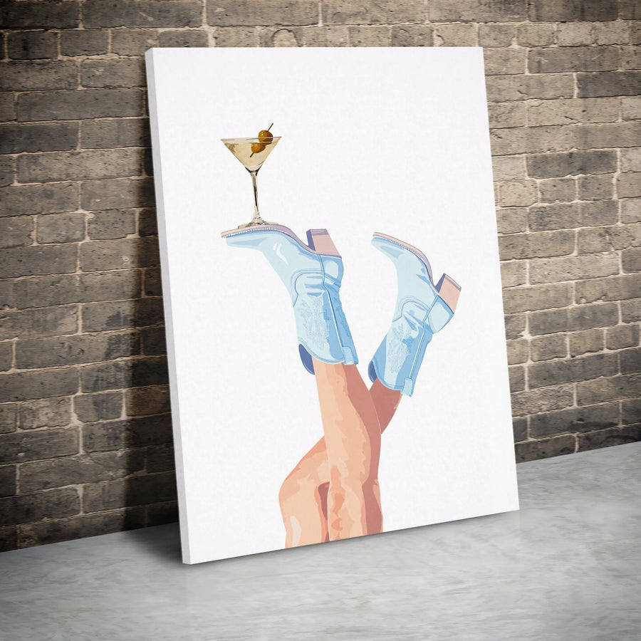 Blue Cowboy Boots Martini Canvas Print | Whimsical Western Bar Decor | Premium Fade-Resistant Wall Art | Chic Country Chic Gift for Her