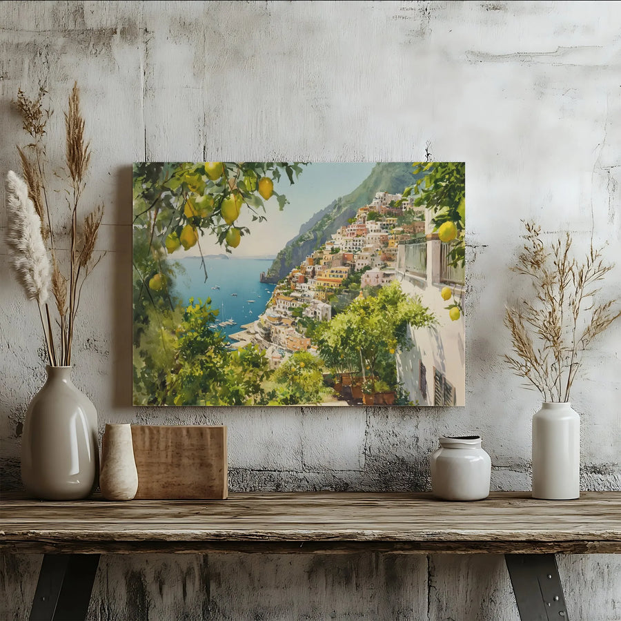 Positano Italy Canvas Wall Art | Watercolor Painting with Lemon Trees | Premium Fade-Resistant Print | Mediterranean Home Decor Gift