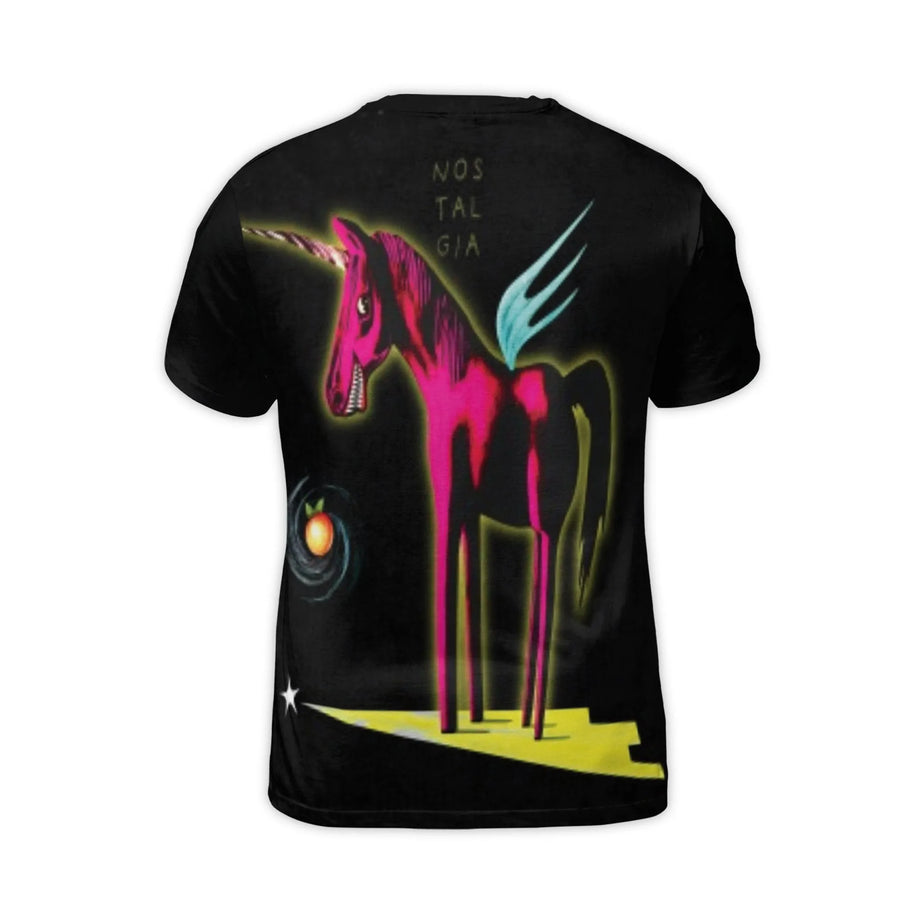 Surreal Pink Winged Unicorn T-Shirt | Retro Nostalgia Graphic Tee | Premium Stretch Polyester | Artistic Fantasy Gift for Men & Women