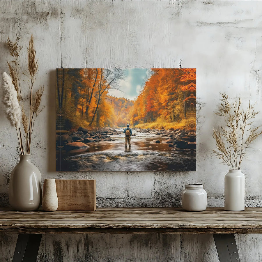 Fly Fishing River Canvas Wall Art | Autumn Forest Landscape Print | Premium Gallery Wrap | Cabin Decor Gift for Fisherman
