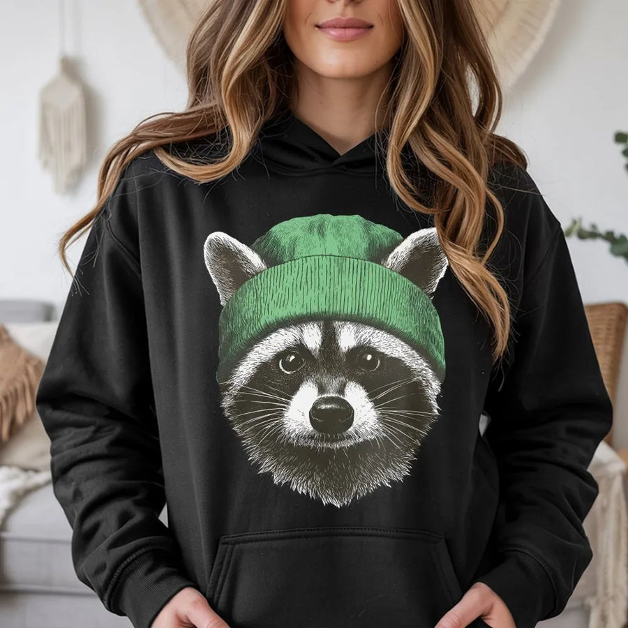 Raccoon Hoodie | Cute Animal Wearing Green Beanie Graphic | Premium Cotton Blend Streetwear | Unisex Funny Nature Lover Gift for Adults