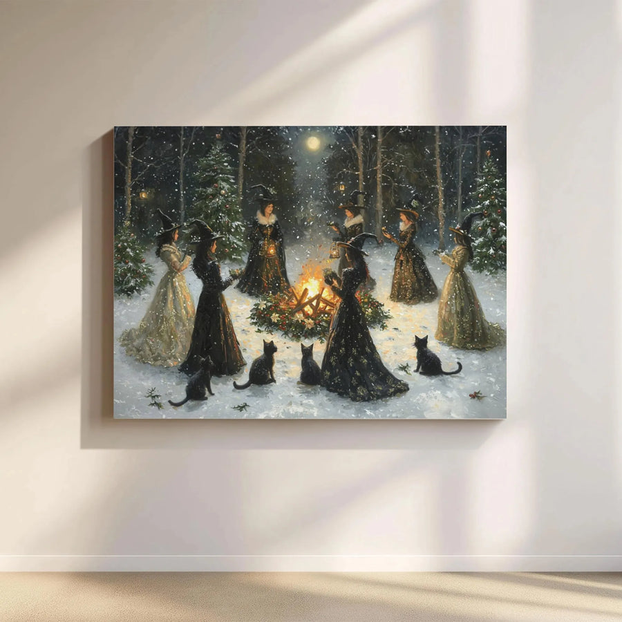 Winter Solstice Witch Canvas | Coven Gathering Bonfire Art | Gallery Quality 1.25 Inch Wrap | Pagan Yule Home Decor Gift
