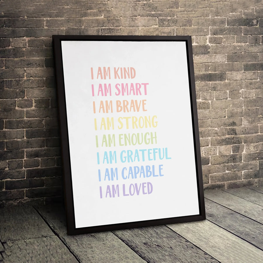 I Am Affirmation Canvas Print | Motivational Pastel Rainbow Wall Art | Premium Gallery-Wrapped Decor | Inspirational Gift For Kids Bedroom Or Office