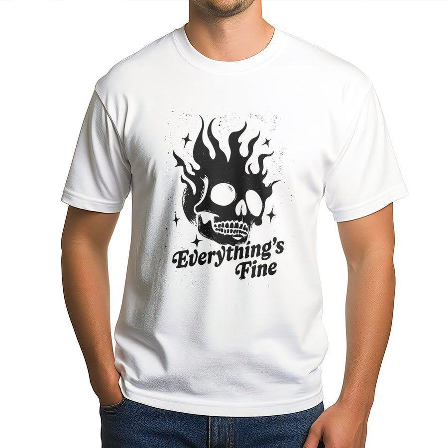Everything Is Fine Graphic T-Shirt | Sarcastic Burning Skull Design | Premium Cotton Retro Style | Edgy Gift for Goth and Alt Fashion Lovers