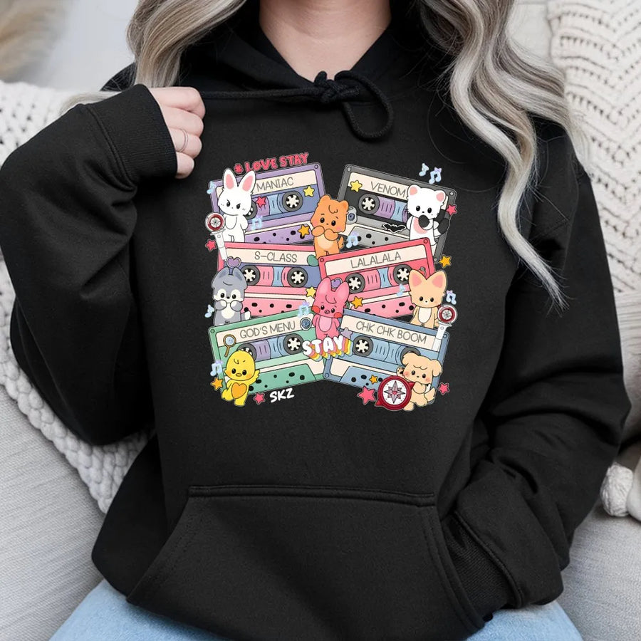 Kpop Cassette Tape Hoodie | Cute Cartoon Characters Design | Premium Soft Fleece | Gift For Kpop Fans Concert Outfit