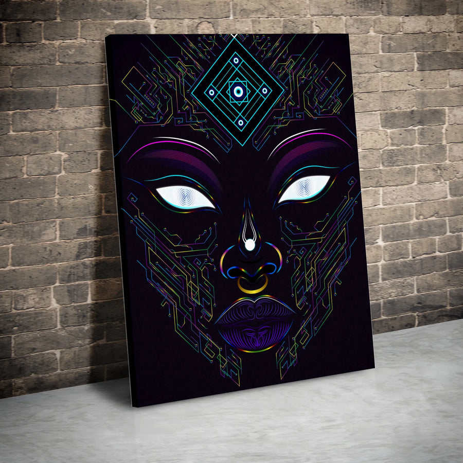 Psychedelic Goddess Canvas Wall Art | Futuristic Geometric Face Print | Premium Thick Canvas | Unique Home & Office Decor Gift