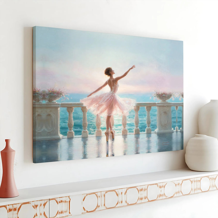 Ballerina Wall Art | Pink Tutu Dancer Ocean View Landscape | Premium Gallery Wrap Canvas | Elegant Home Decor Gift for Dance Lovers