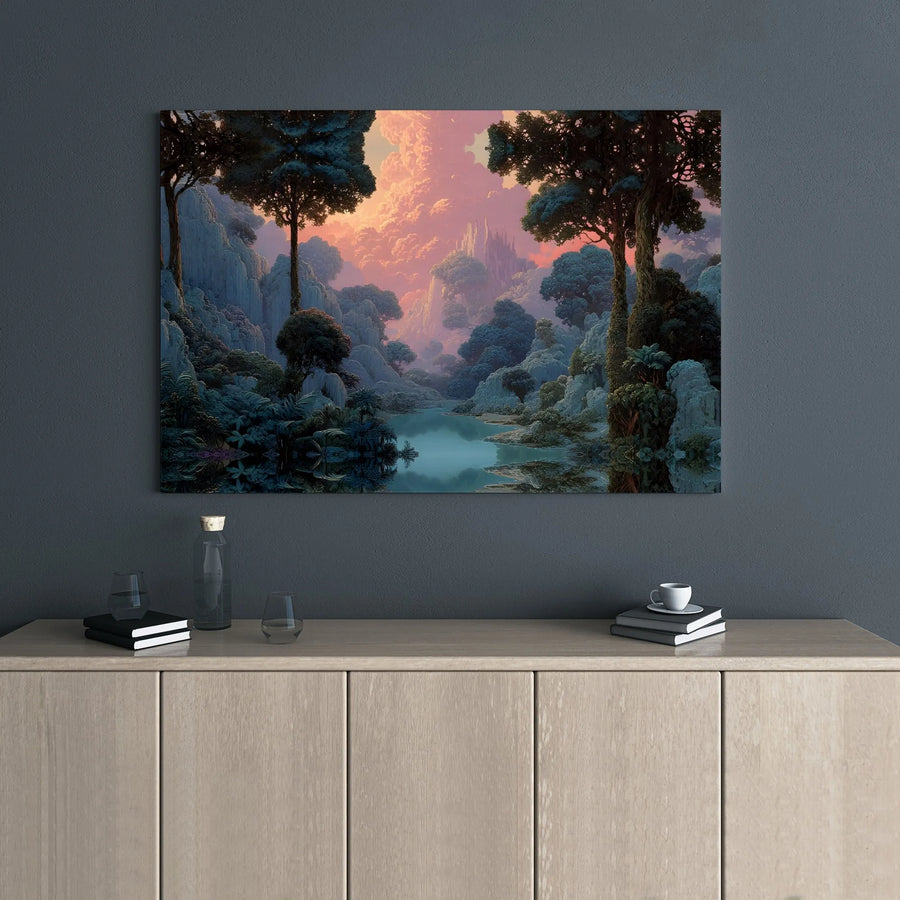 Fantasy Landscape Wall Art | Serene Forest Castle Sunset Canvas Print | Premium Gallery Wrap Decor | Dreamy Nature Gift for Home Office