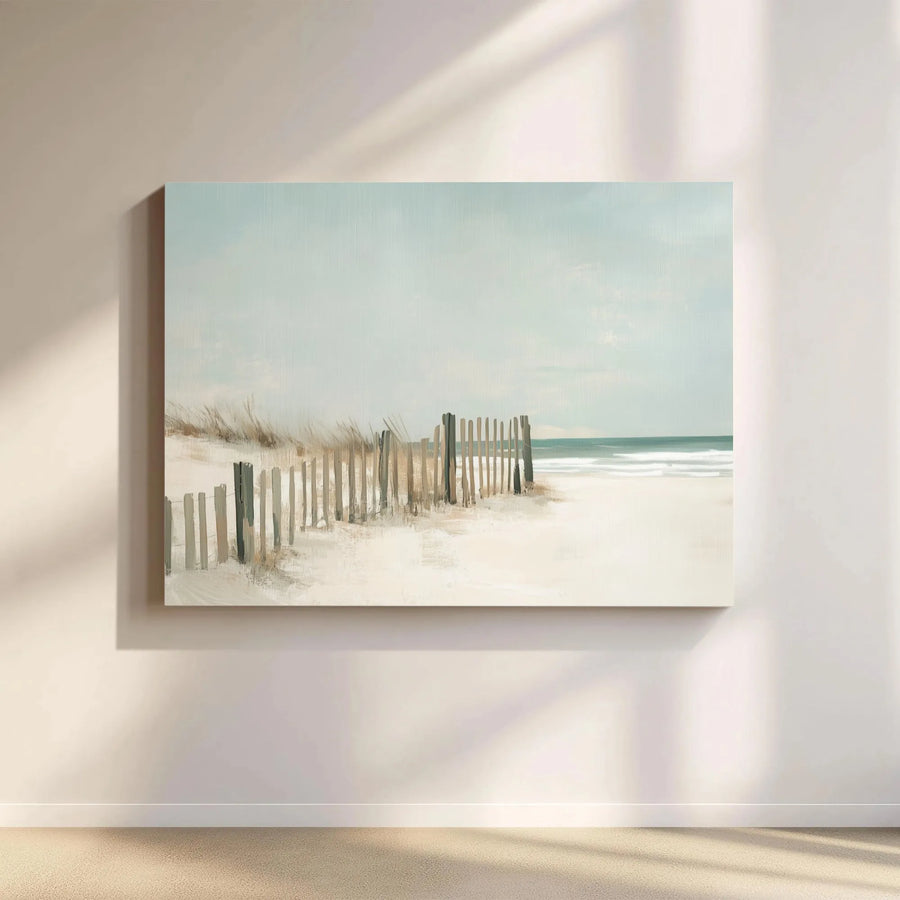 Serene Beach Canvas Wall Art | Coastal Dune Fence Painting Print | Premium Gallery Wrapped Canvas | Modern Nautical Home Decor