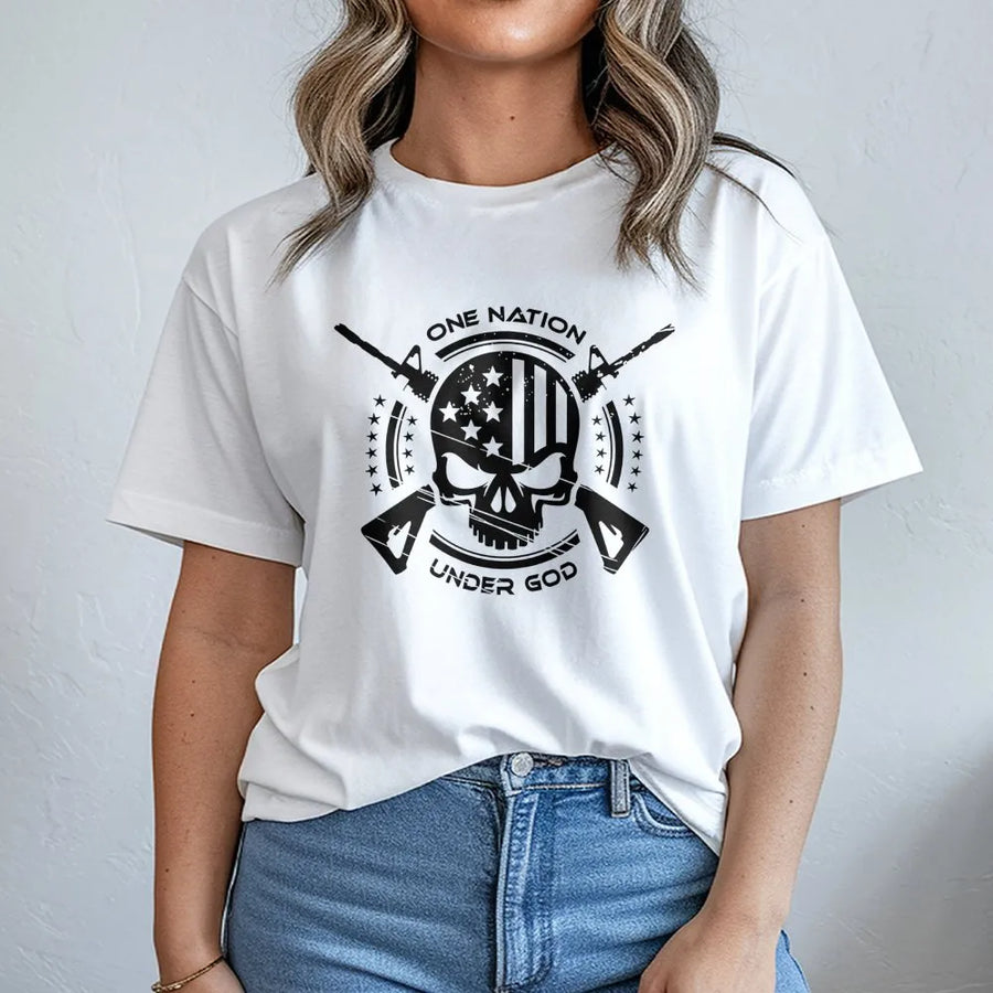 One Nation Under God T-Shirt | Patriotic American Flag Skull Graphic | Premium Soft Ringspun Cotton | Mens Womens Unisex Gift