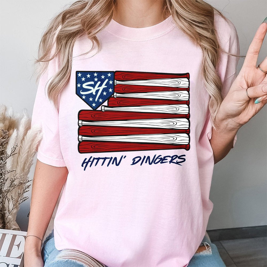Hittin' Dingers Baseball T-Shirt | USA Flag Bat Graphic Design | Premium 100% Cotton Tee | Gift for Baseball Players and Fans