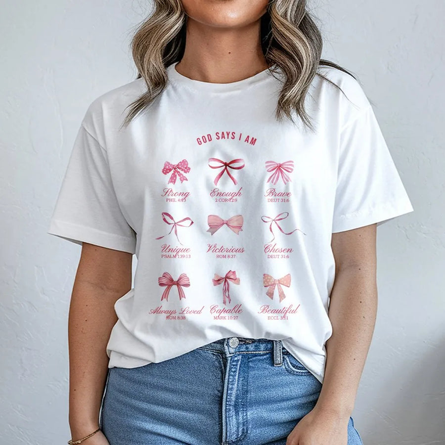 God Says I Am T-Shirt | Christian Coquette Bows Design | 100% Cotton Premium Tee | Faith-Based Aesthetic Gift For Women & Girls